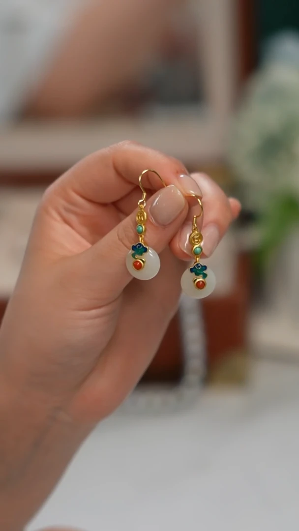 和田玉（白玉）银S925镶嵌耳饰耳坠