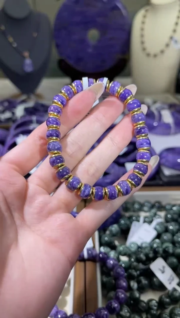 银S925镶嵌查罗石（紫龙晶）珠串直切8