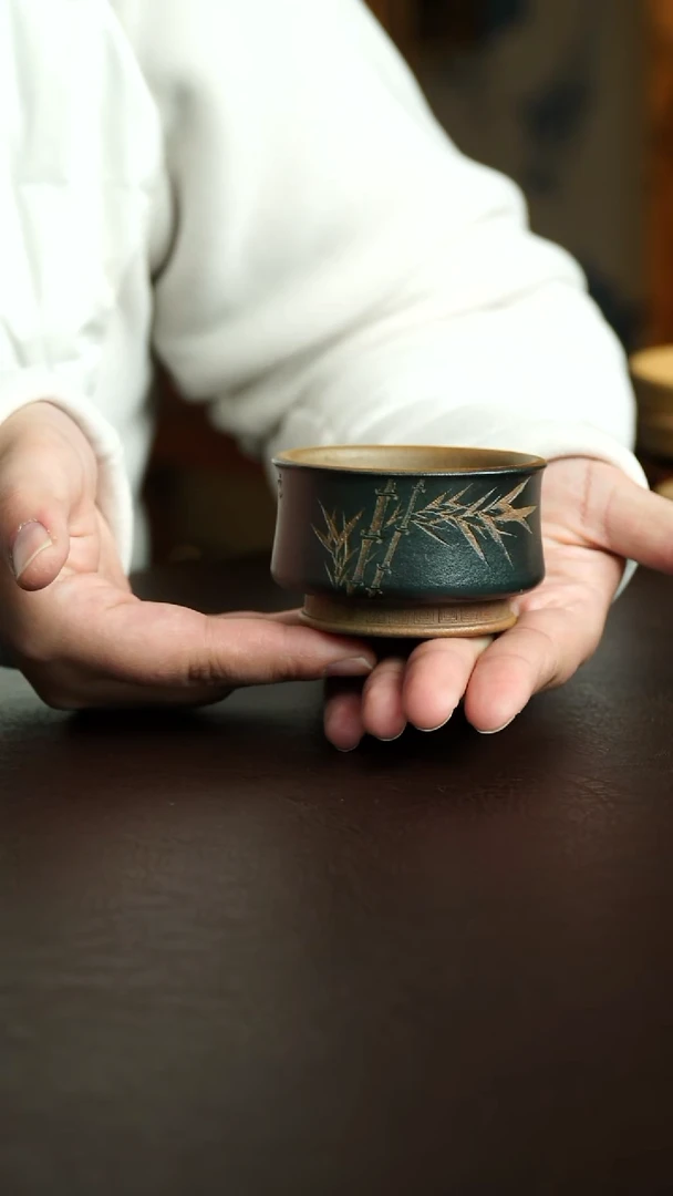 茶杯紫砂51号 李建军老师柴烧段泥粉浆墨禄泥竹刻杯