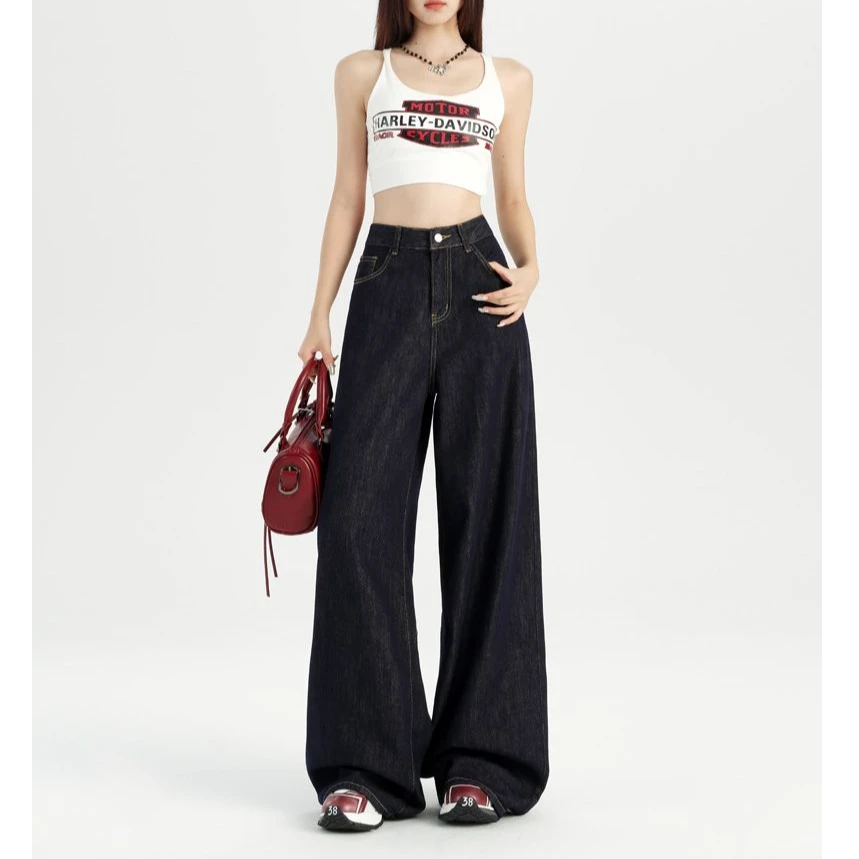 早秋爆款防褪色丹宁牛仔美式复古高腰宽松百搭显瘦阔腿拖地裤子女