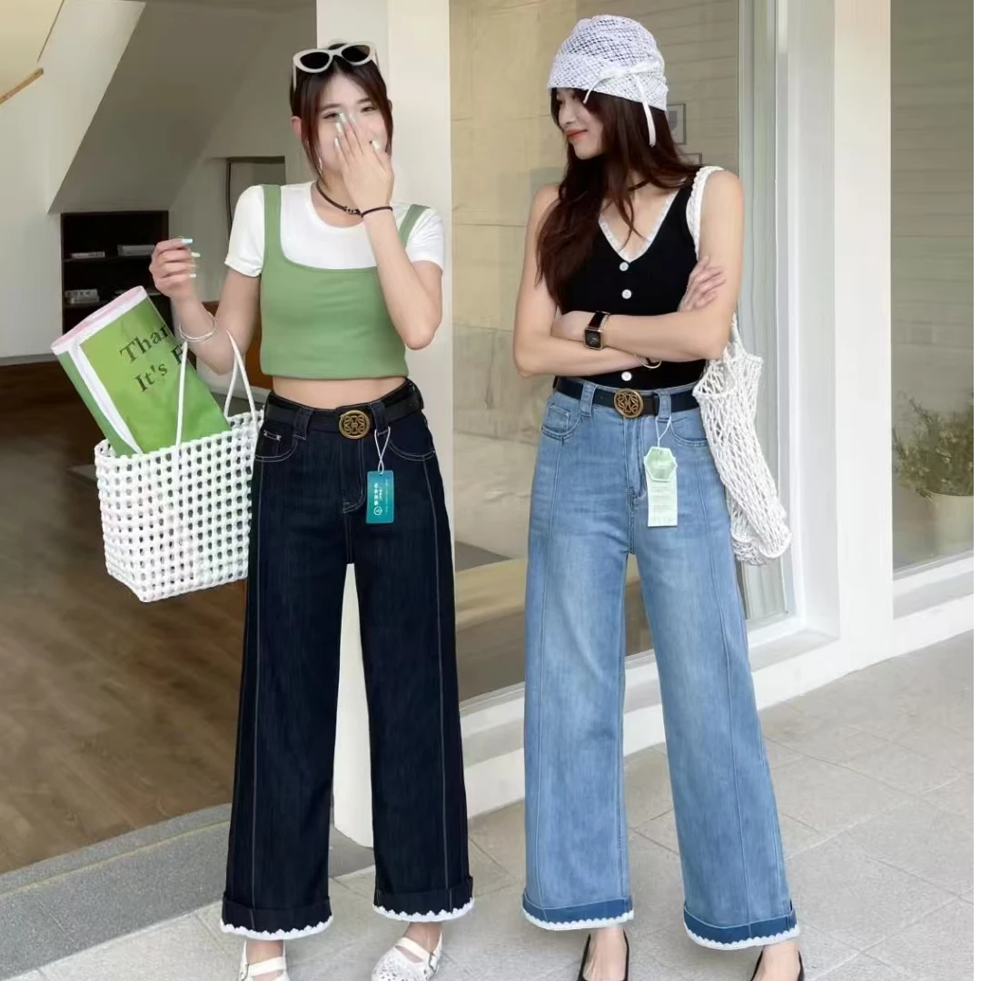 8028夏季新款显瘦高腰【无皮带】百搭休闲宽松简约牛仔直筒裤