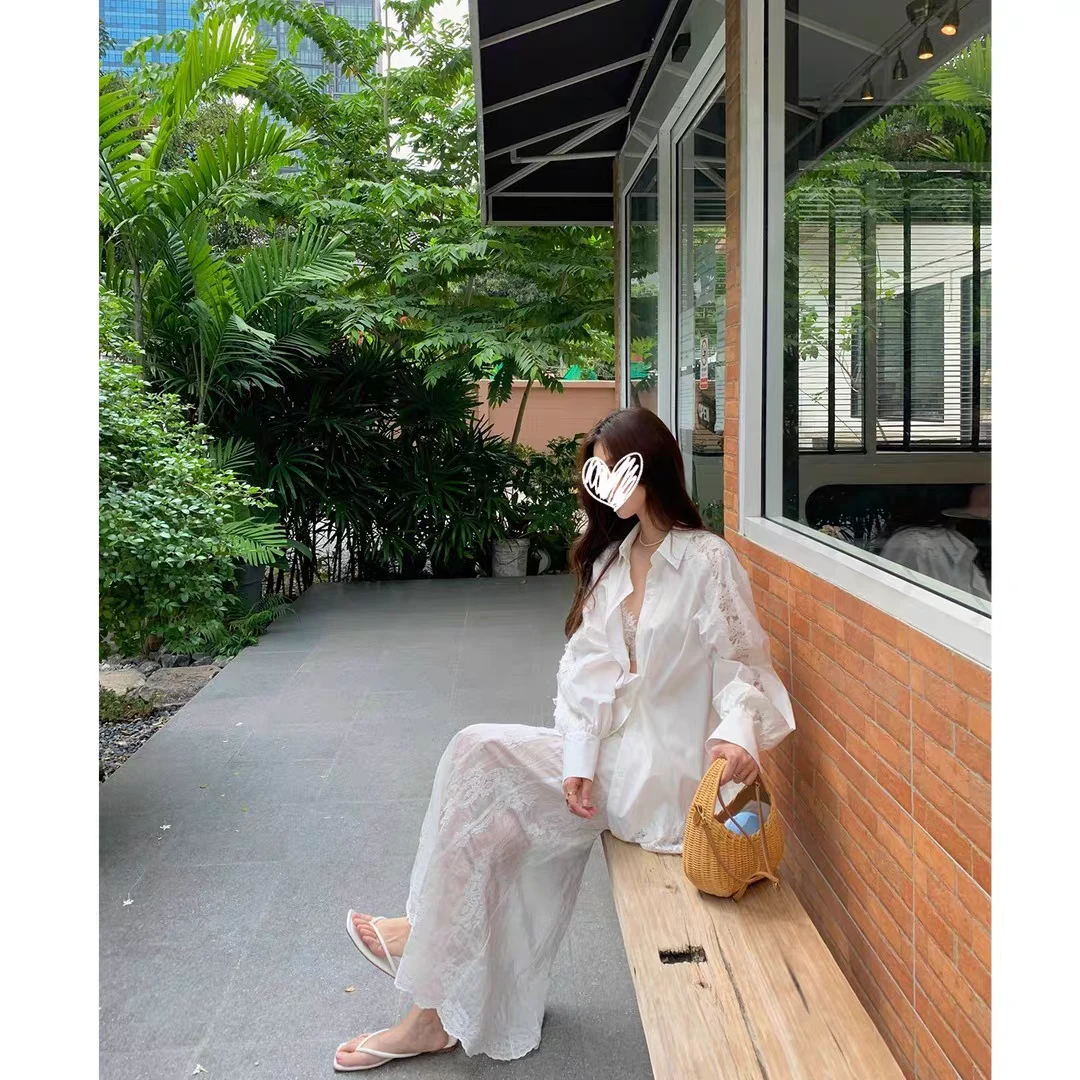 冷淡系气质优雅套装白色蕾丝拼接衬衫+蕾丝半裙套装 8043