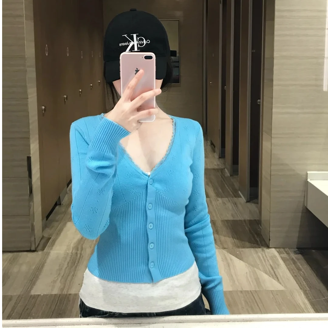 6-8运补慵懒周末 花边蓝色针织开衫女春季修身气质长袖V领上衣