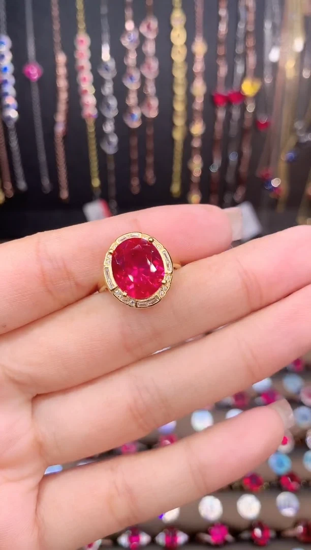 红宝石戒指银S925镶嵌金色10.12