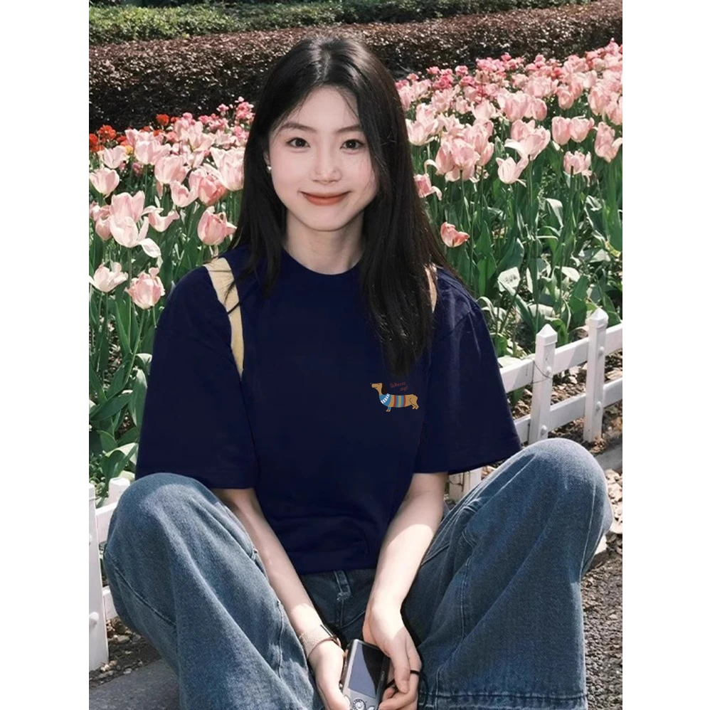 韩版趣味纯棉短袖百搭腊肠狗显瘦印花T恤女宽松情侣半袖上衣圆领