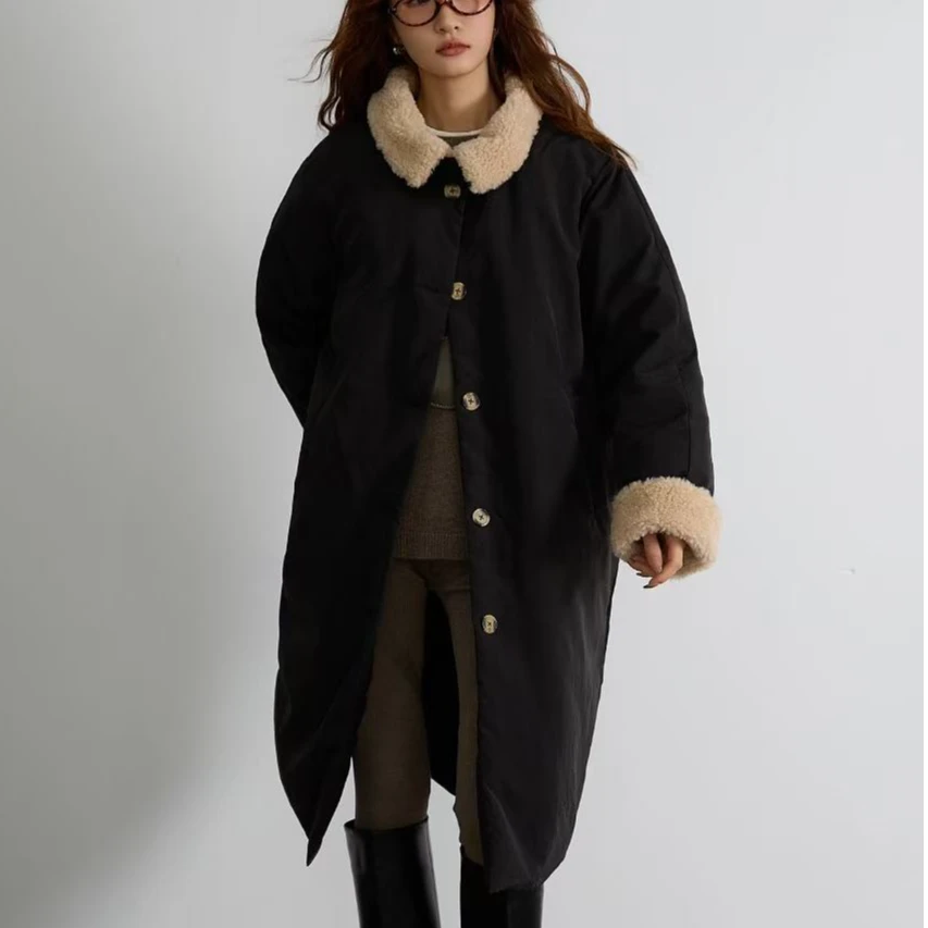 新款韩版白鸭绒羽绒服羊羔毛领中长款宽松加厚羽绒时尚百搭8651