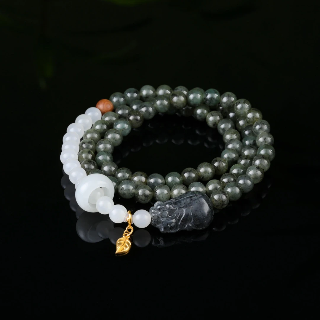 【意婵】《隐才》(大超值)18K金精品天然乌鸡翡翠多圈羊脂白玉914753