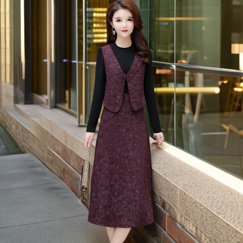 83371#红【木兮兮专属】2025年春秋新款气质显瘦假两件中长款连衣裙