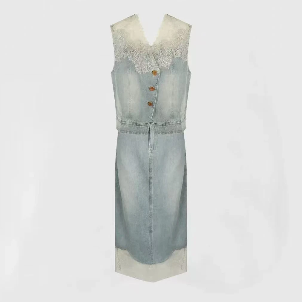 洋气牛仔马甲套装女夏季轻奢设计师百搭蕾丝拼接马甲半身裙两件套