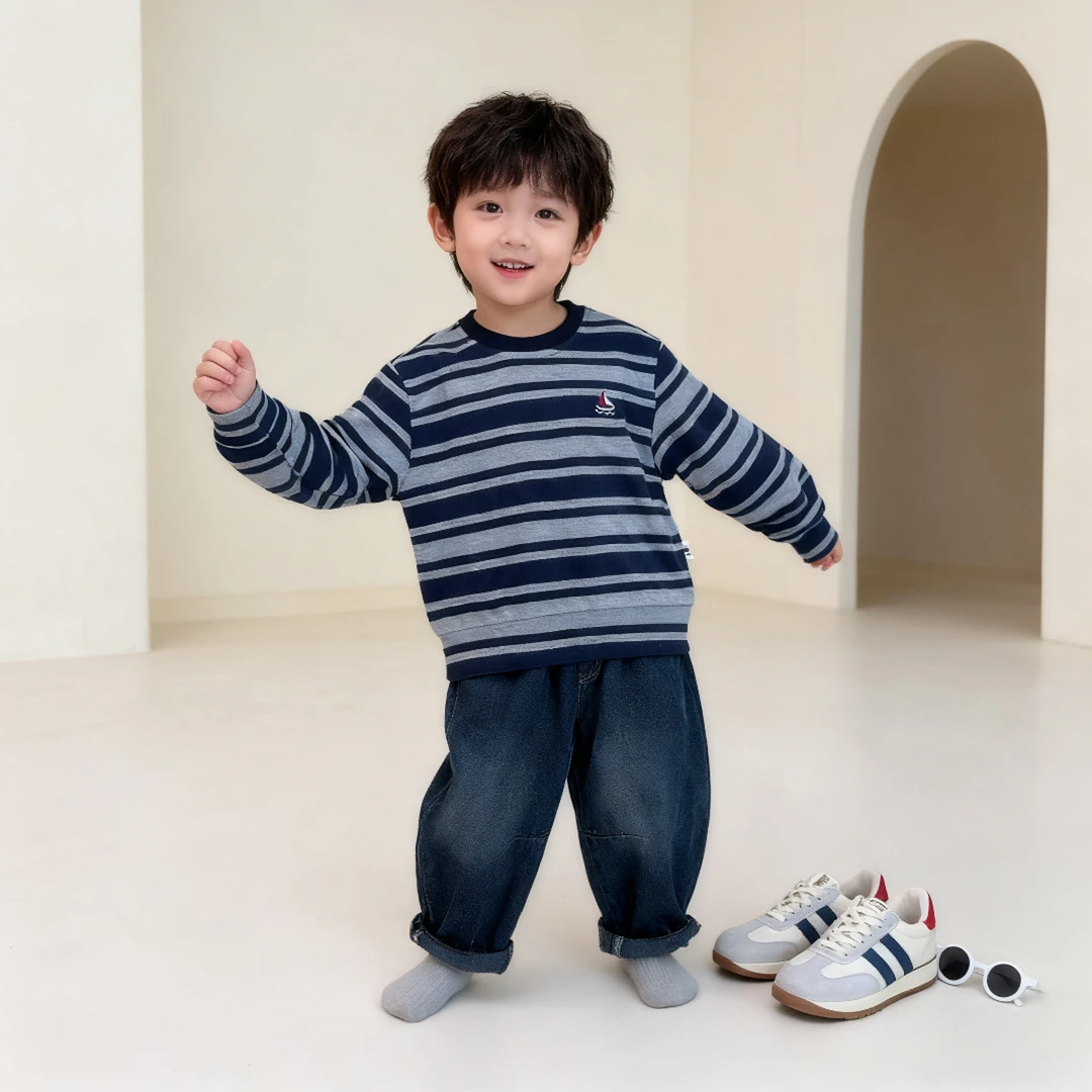 【针织条纹长袖T】秋季萌娃穿搭纯棉韩版圆领长袖针织男女童