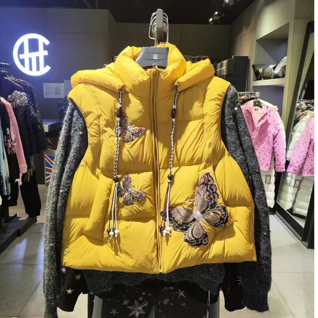 TCH轻奢烫钻工艺蝴蝶黄色马甲T75D25E1005私服tch