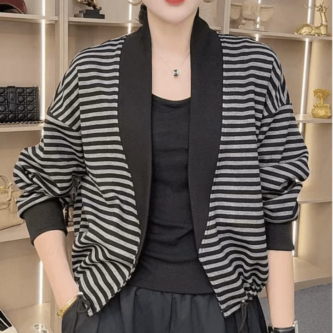 秋季短款休闲风直下摆短外套气质外套条纹拼接上衣##960