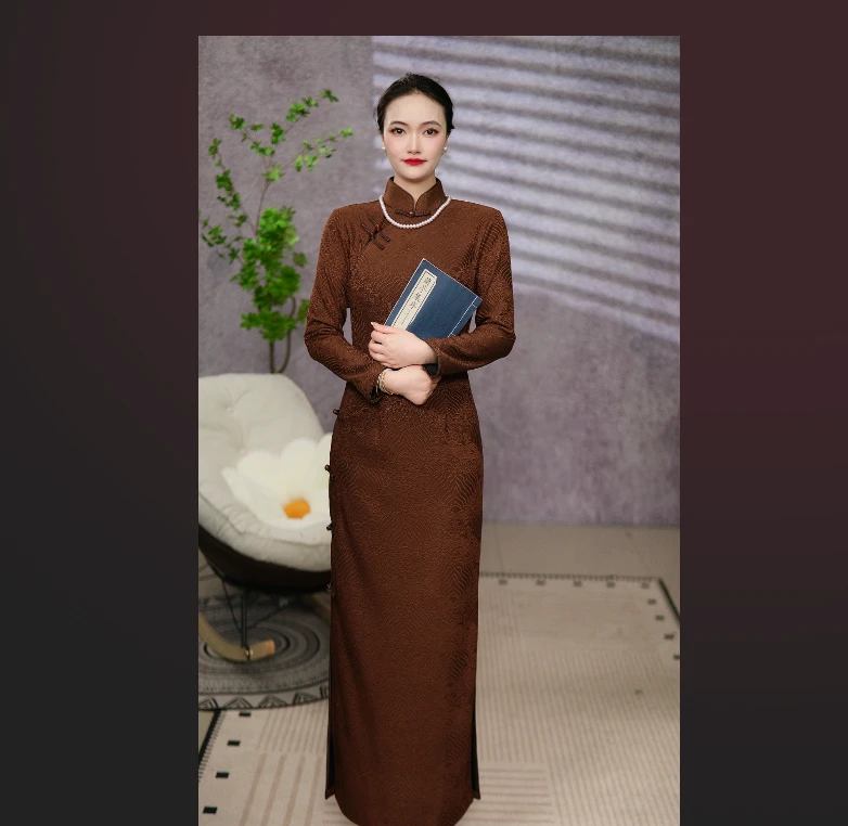 全开襟咖色中国风厚款复古长袖旗袍加厚秋冬低开衩显瘦气质旗袍