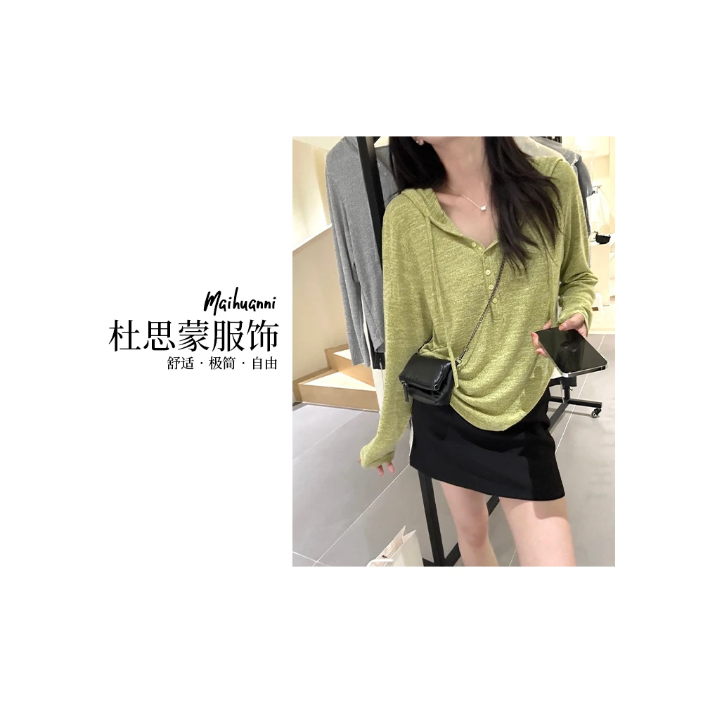 （杜思蒙服饰）5088-“宝藏衣橱” 韩版舒适百搭柔软半纽扣连帽T恤