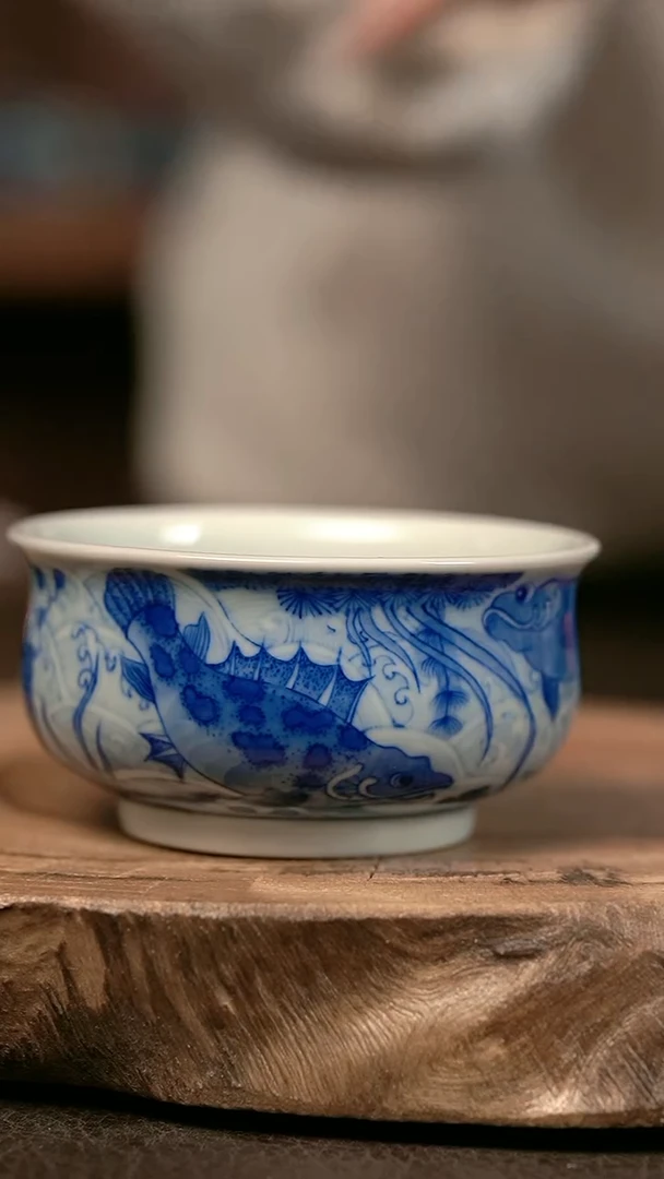 手绘 高温现代瓷 柴窑  鱼王矮炉杯100C
