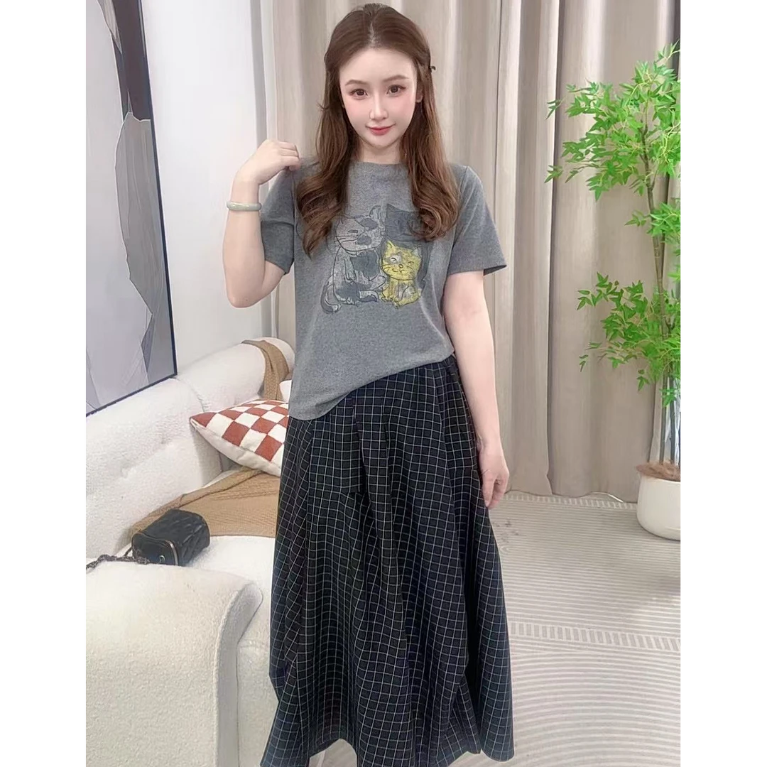 减龄常规短袖针织T恤复古提花圆领百褶卡通动漫印花高腰格子