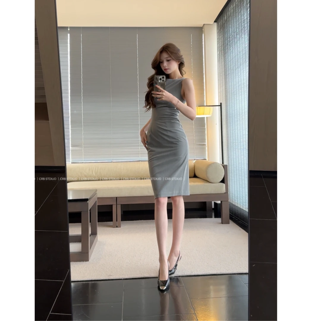 【春日部】老友记同款灰色通勤无袖连衣裙0759