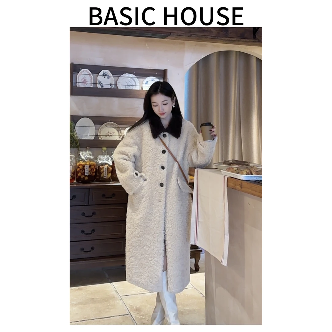 Basic House/百家好新款颗粒羊毛冬季外套高端百搭中长款大衣女C