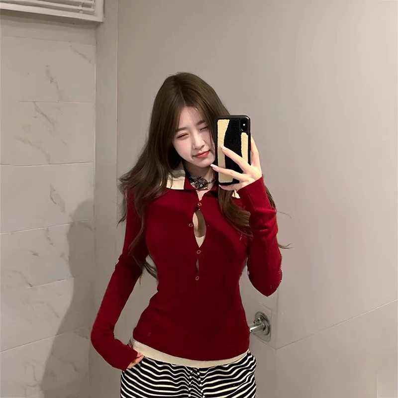 假两件修身气质打底衫女复古设计感拼接针织衫女内搭针织上衣z404