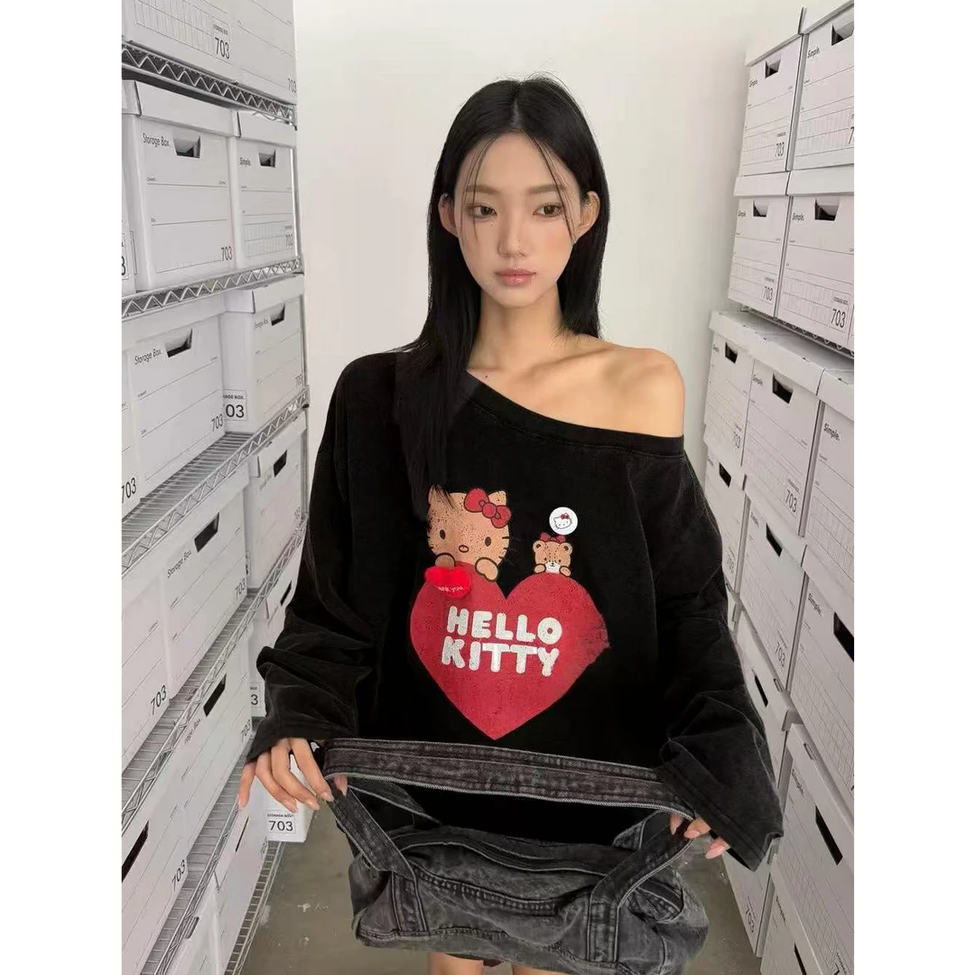 秋季时尚斜肩条纹宽松露肩上衣女宽松休闲设计感长袖T恤百搭L1549