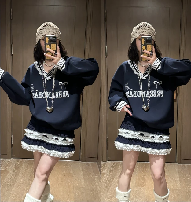 YDFSTUDIO小众【练习生】早春蕾丝拼接V领字母卫衣+半裙减龄套装