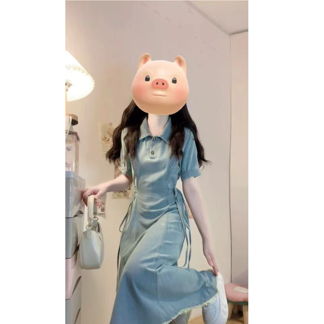 2025大码女装绑带设计感牛仔连衣裙短袖夏季新款收腰显瘦长裙1588