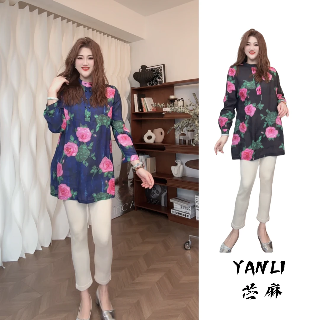 玫瑰人生【YANLI】4346高端苎麻中长玫瑰花衬衫