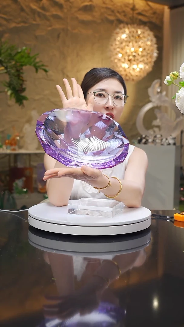 琉璃手工艺品紫罗兰色切面果盘带底座