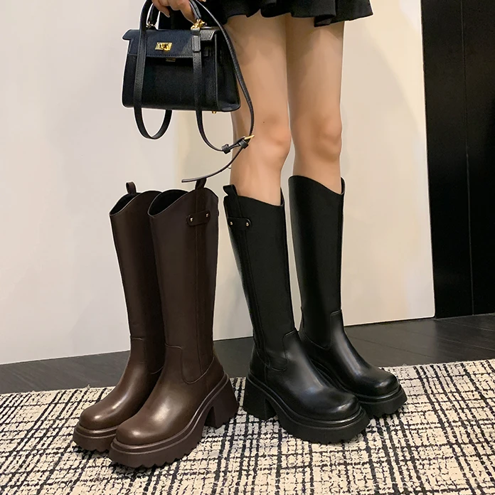 真皮厚底高跟不过膝长筒靴小个子增高骑士直筒靴显瘦加宽高筒长靴