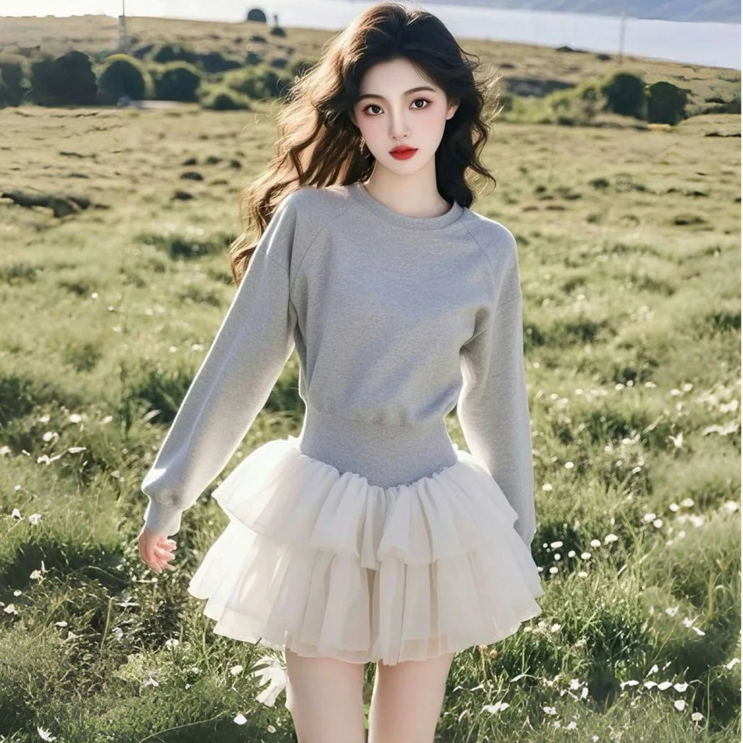 2025春夏气穿搭富家千金风修身洋气 灰色网纱拼接连衣裙女装