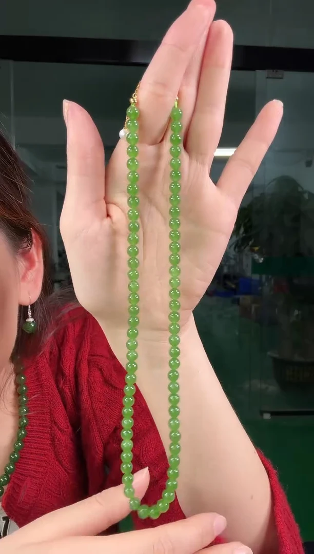 项链银S925镶嵌和田玉（碧玉）碧玉6mm正阳绿项链