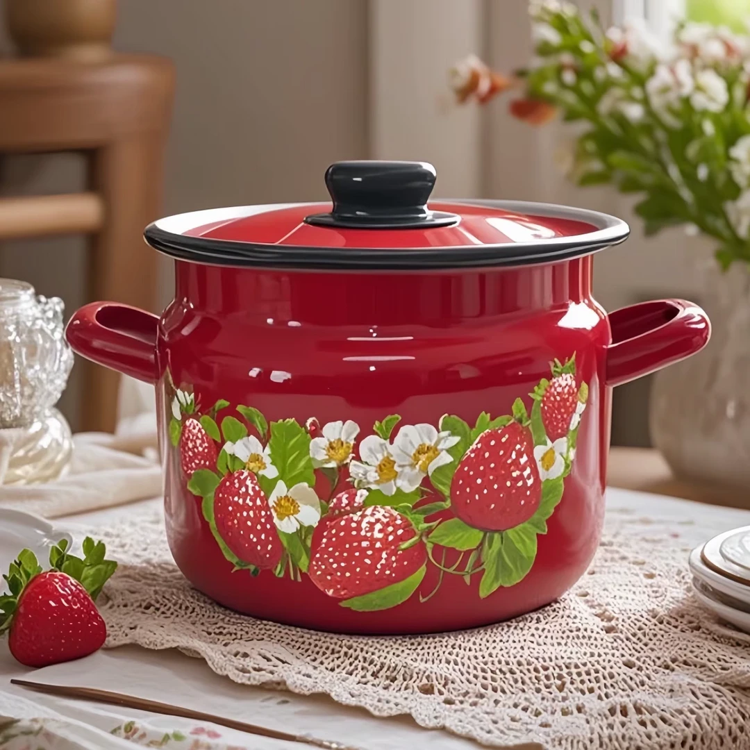 新款红草莓双耳带盖搪瓷微瑕疵猪油罐小炖锅储物罐复古小众搪瓷