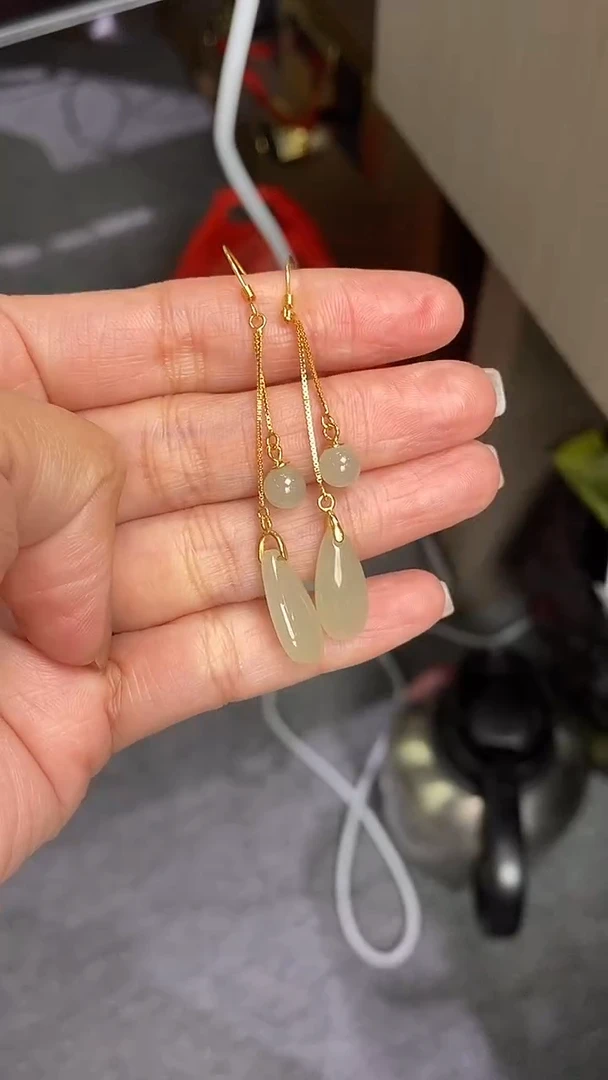 银S925镶嵌和田玉耳饰和田玉青海料耳饰925银镶