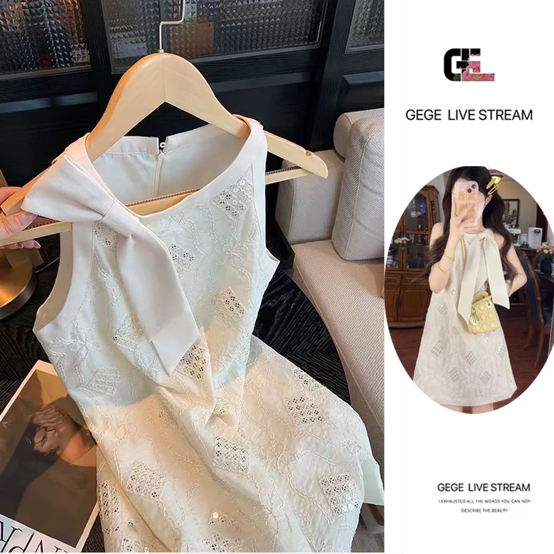 【静奢时光】富家千金风挂脖蝴蝶结无袖小香风连衣裙女夏季裙子