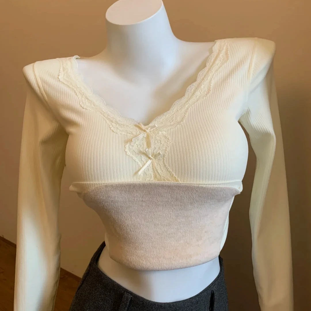 纯欲蕾丝边V领保暖套装女秋冬季贴身发热带胸垫秋衣秋裤打底内搭