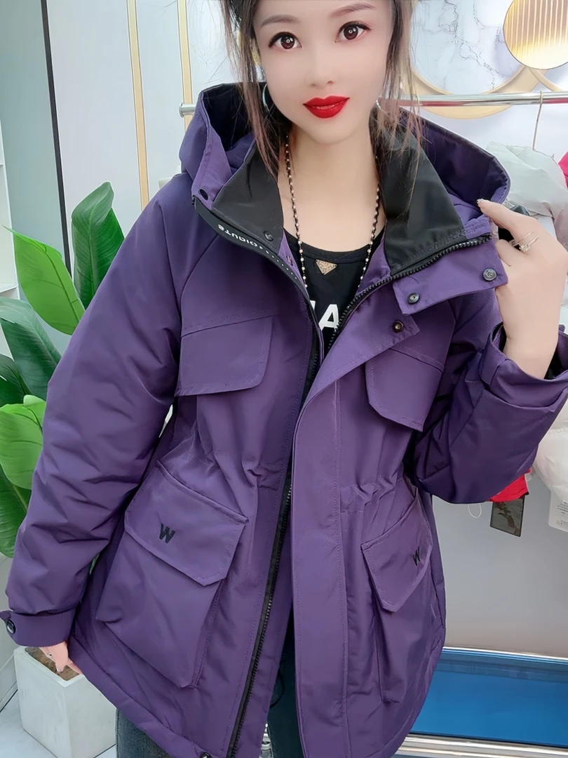 二棉秋冬新款保暖刺绣连帽冲锋衣中长款女风衣百搭女装抽腰外套女