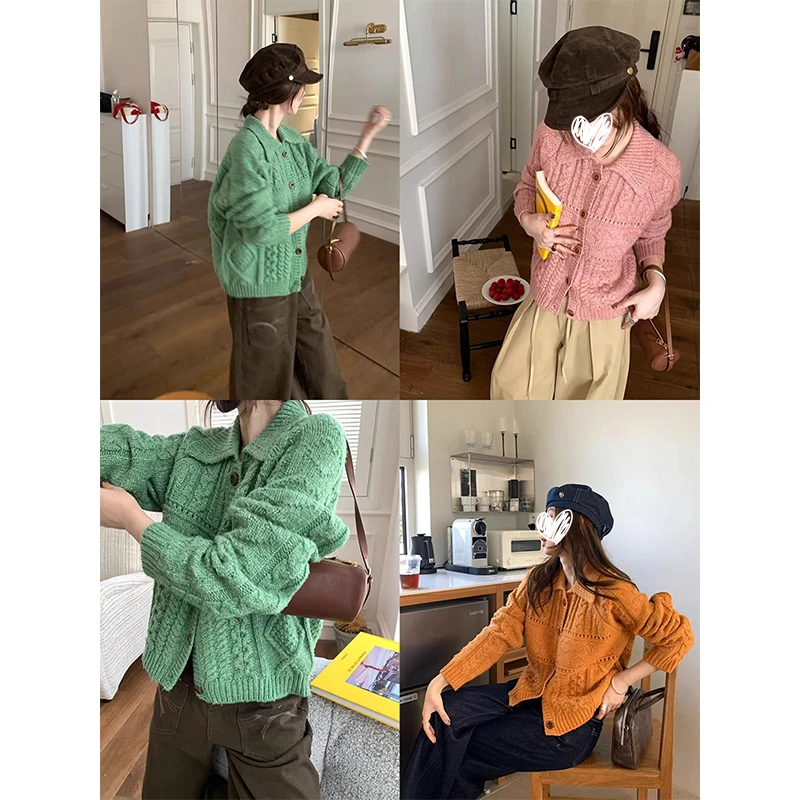 韩系Polo领翻领针织开衫女春秋新款甜美温柔风短款毛衣外套麻花纹