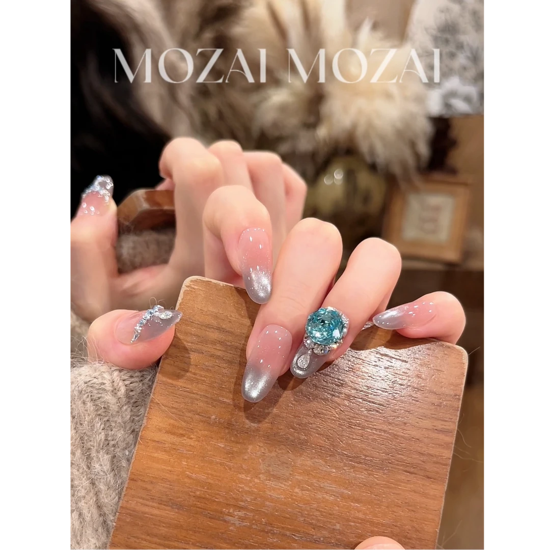 茉哉【海盐蓝】纯手工定制美甲拆卸穿戴甲A5073