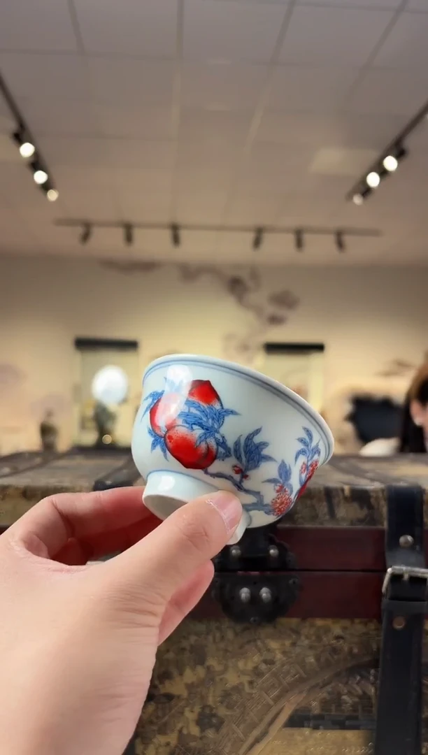 碗陶瓷绿稀3.5英寸粉彩寿桃茶碗+礼盒