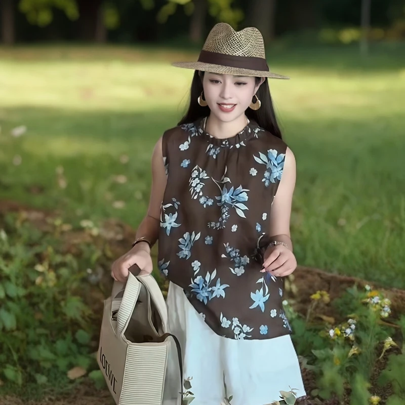 圆领设计感印花无袖背心t恤女夏季宽松复古衬衫百搭小众通勤上衣