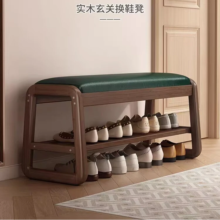 337实木墨绿色玄关可坐式换鞋凳家用长条穿鞋凳