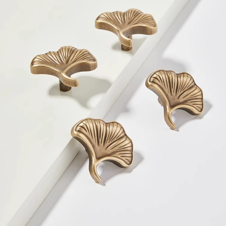 儿童房精选！银杏叶创意实心黄铜衣柜门把手法式复古铜色抽屉拉手
