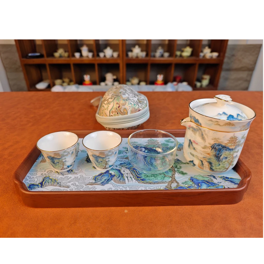 山水描金旅行茶具一壶三杯带茶盘mc082