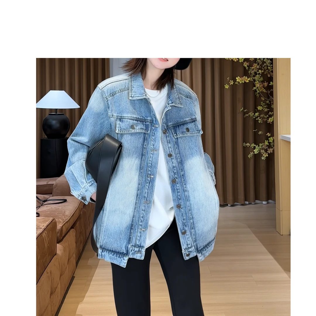月月不吃鱼2025春款小众设计POLO领浅色系机车牛仔外套 2502C303