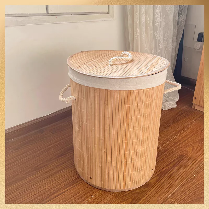 出口单竹制收纳筐34*45cm脏衣篮带盖衬布拆洗收纳神器可折叠S0055
