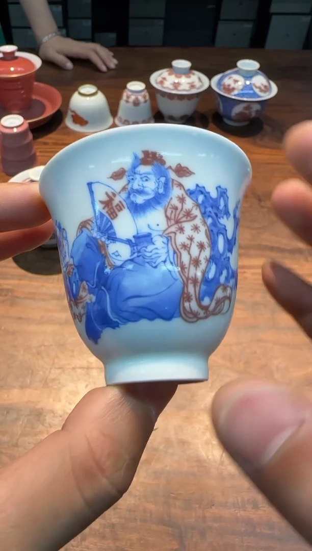 二亭 青花釉里红 钟馗纳福 闻香杯
