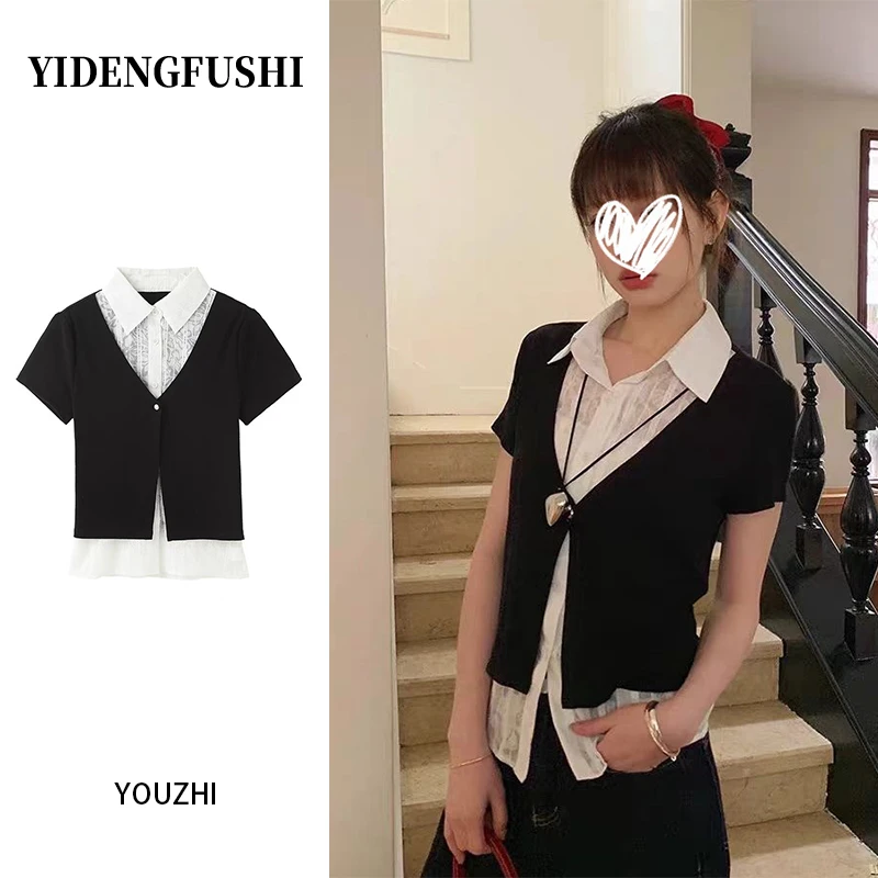 YIDENG2025新款学院风黑色polo领蕾丝短袖T恤夏季修身假两件上衣