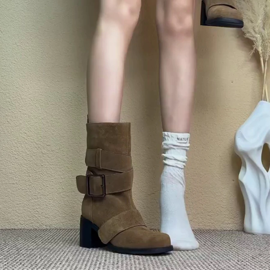 欧货厚底复古气质百搭粗跟短靴女显瘦休闲褶皱靴圆头小个子时装靴