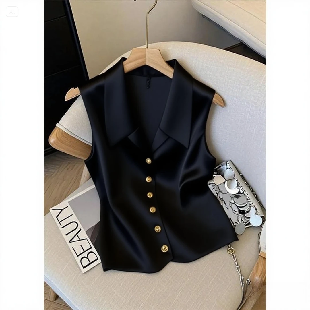 法式气质polo无袖缎面衬衫背心女2025夏季独特绝美小衫高级感上衣