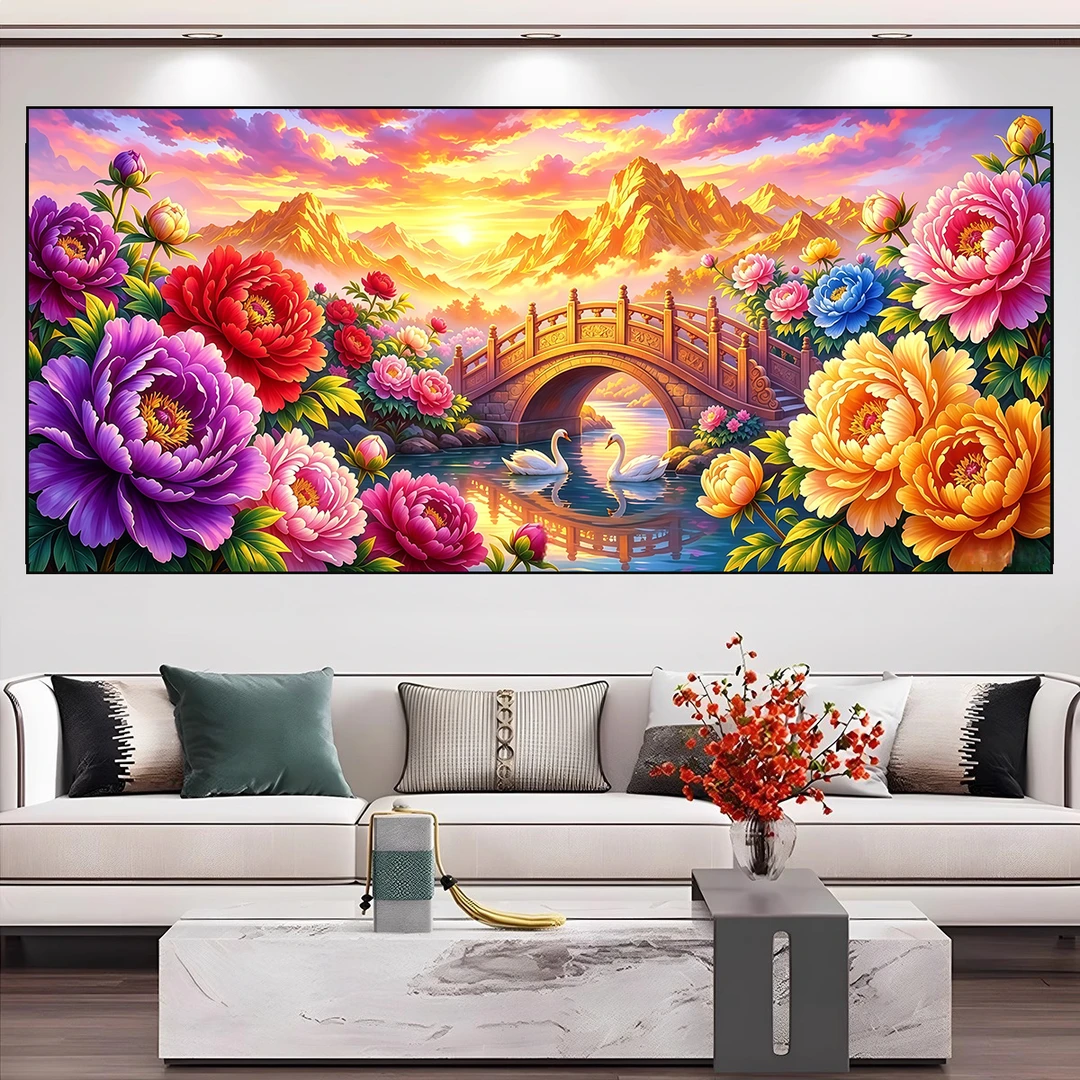 【送工具包+卷布管三件套】日照金山花开富贵十字绣220X90cm
